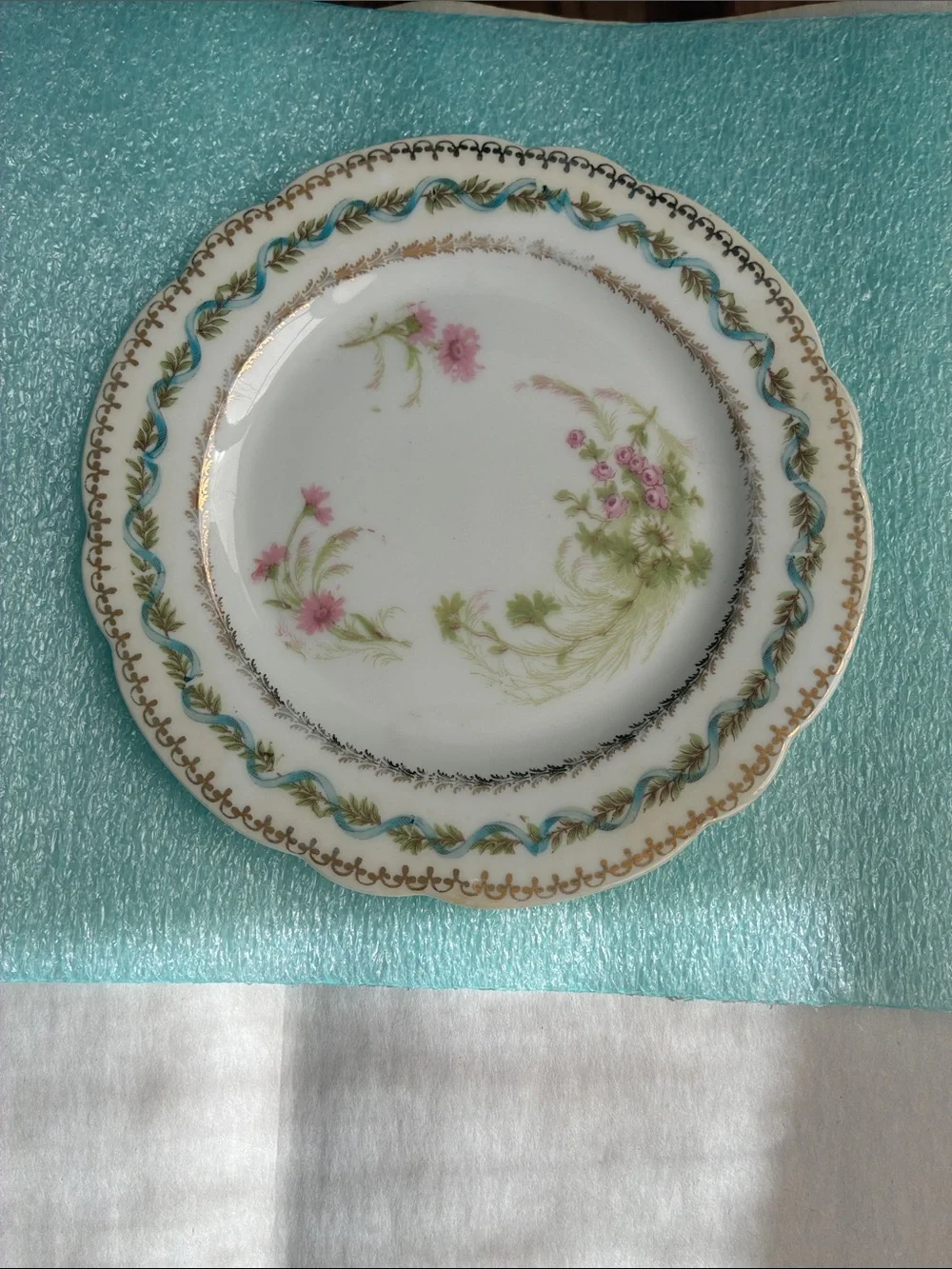 Antique Porcelain Flower Plate Daisy Roses Ribbons Applied Gold Pink Blue Green